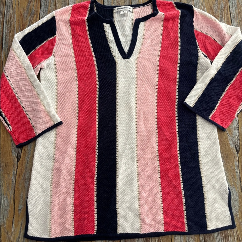 Tommy Bahama Women’s Short Sleeve Sweater Size Small Pink, White And Navy Blue